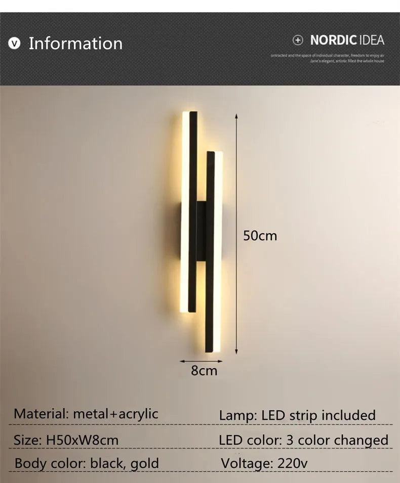 Nordic Dimmable LED Wall Sconce — 3-Color Iron & Acrylic Bedside Lamp in Black or Gold, Left or Right