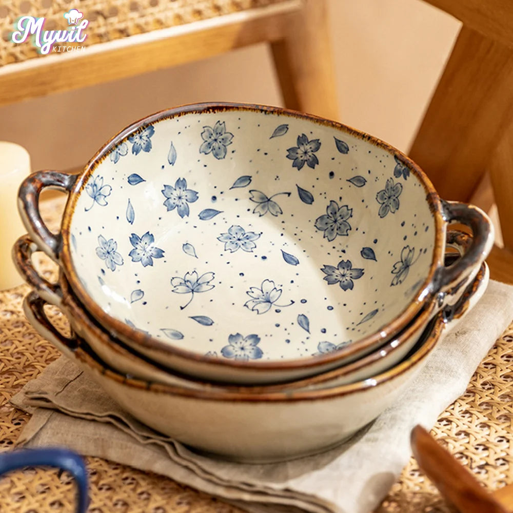 Japanese Ceramic Bowl with Handle — 7.5" Floral Soup, Noodle & Salad Bowl