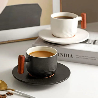 Handmade Kiln-Glazed Ceramic Espresso Mug with Wooden Handle — Retro Italian Style Coffee Cup