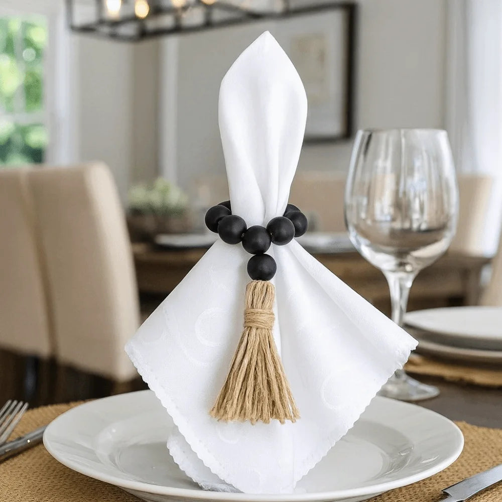 Farmhouse Wooden Bead Napkin Rings — Set of 6 with Tassel String | Handmade Table Decor