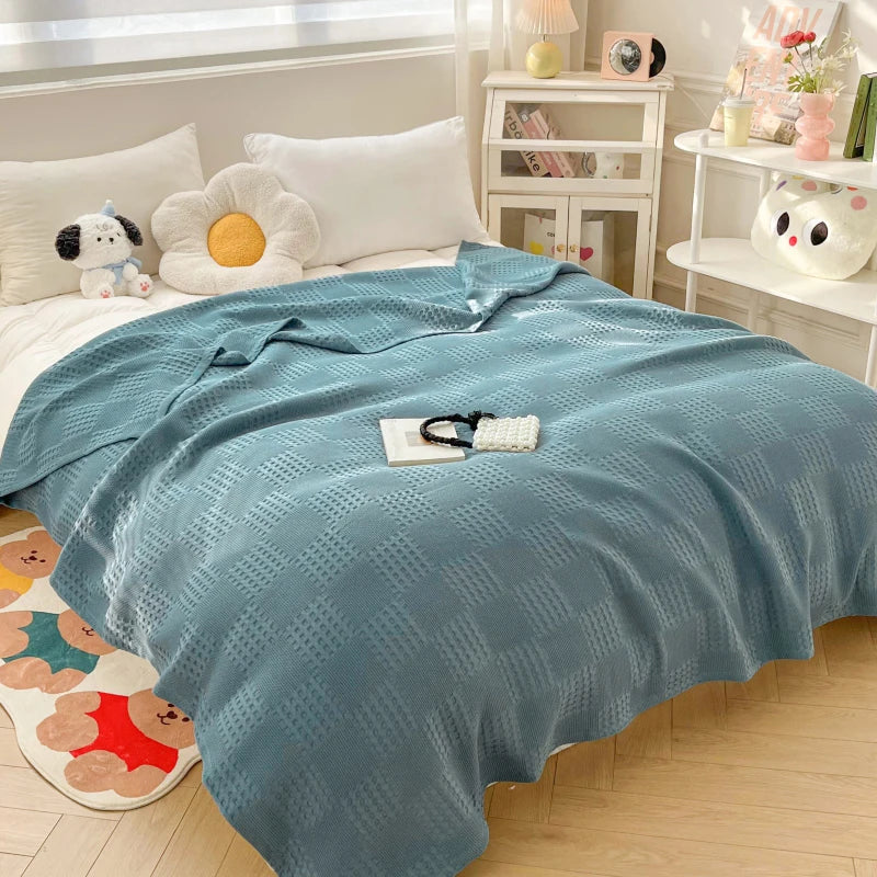 100% Cotton Waffle Knit Throw Blanket — Soft Breathable Sofa & Bed Throw