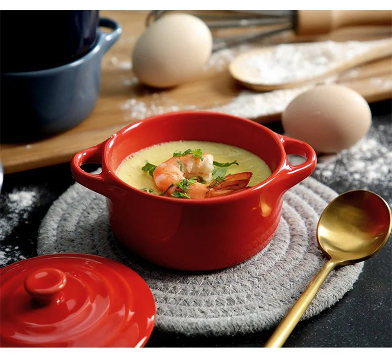 Ceramic Double Ear Bowl with Lid — Glazed Baking Bowl for Steamed Eggs, Soup & Pudding