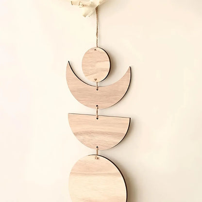 Bohemian Wooden Moon Pendant Wall Hanging — Natural Wood Boho Room Decor