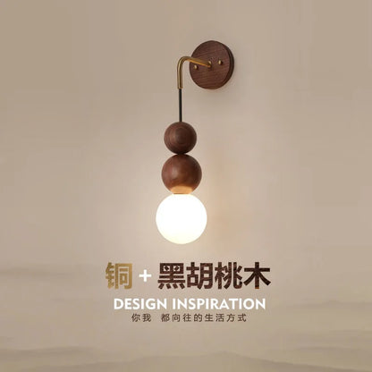 Japanese Retro Copper Wall Lamp — Walnut Wood & Frosted Glass Sconce for Bedroom & Hallway