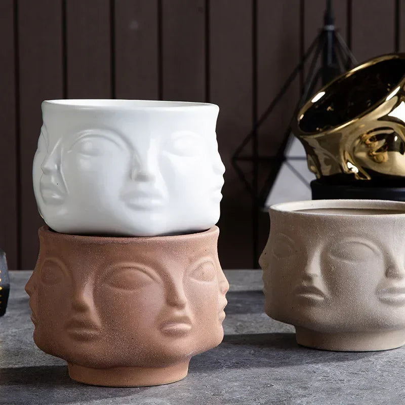Ceramic Human Face Sculpture Vase — Handmade Nordic Art Flower Pot & Candlestick for Home Decor