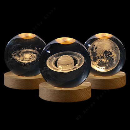 3D Crystal Ball Galaxy Night Light — Laser Engraved LED Lamp with Wooden Base