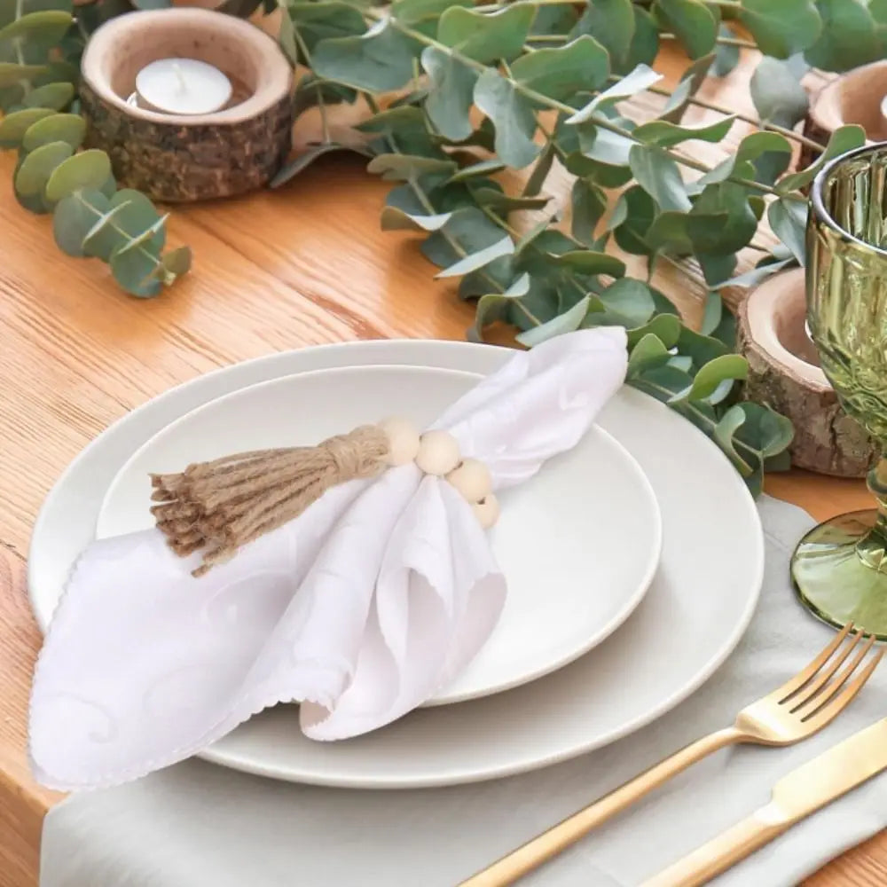 Farmhouse Wooden Bead Napkin Rings — Set of 6 with Tassel String | Handmade Table Decor