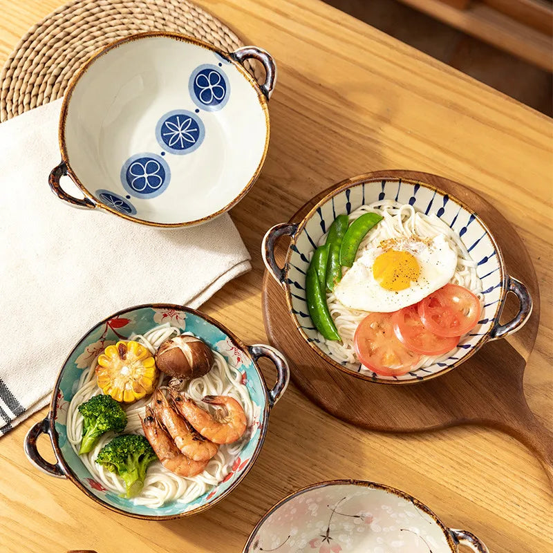 Japanese Ceramic Bowl with Handle — 7.5" Floral Soup, Noodle & Salad Bowl