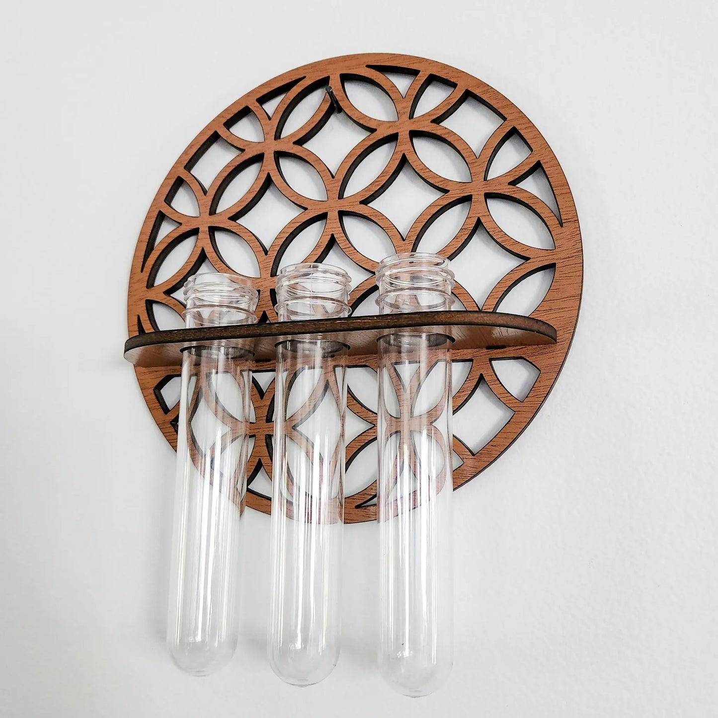 Wooden Circle Wall Planter with 3 Test Tubes — Indoor Plant Propagation Station & Hanging Vase Rack