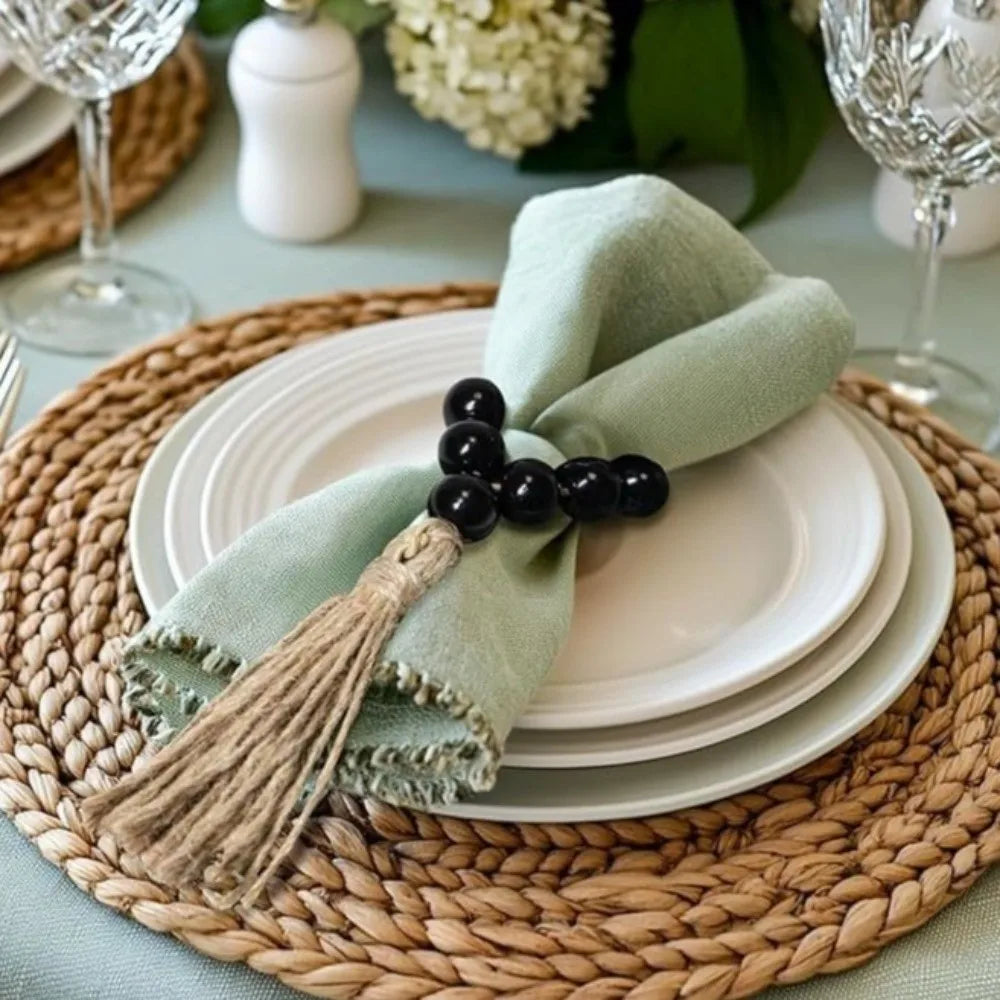 Farmhouse Wooden Bead Napkin Rings — Set of 6 with Tassel String | Handmade Table Decor