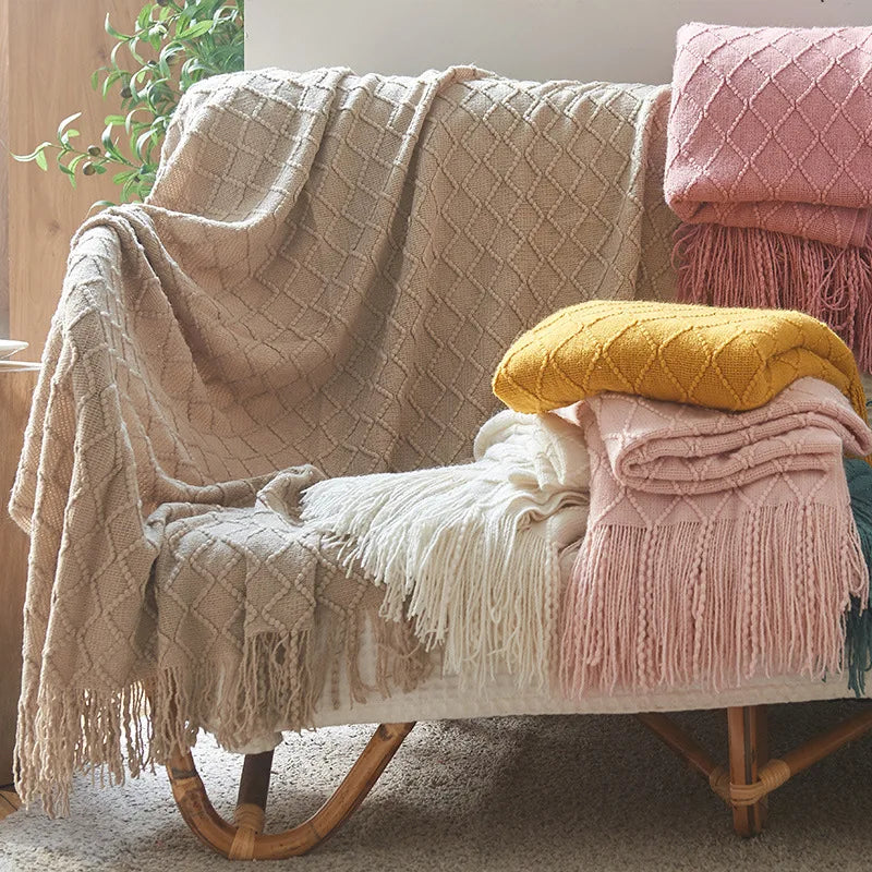 Diamond Knit Throw Blanket with Tassels | Boho Woven Acrylic Blanket