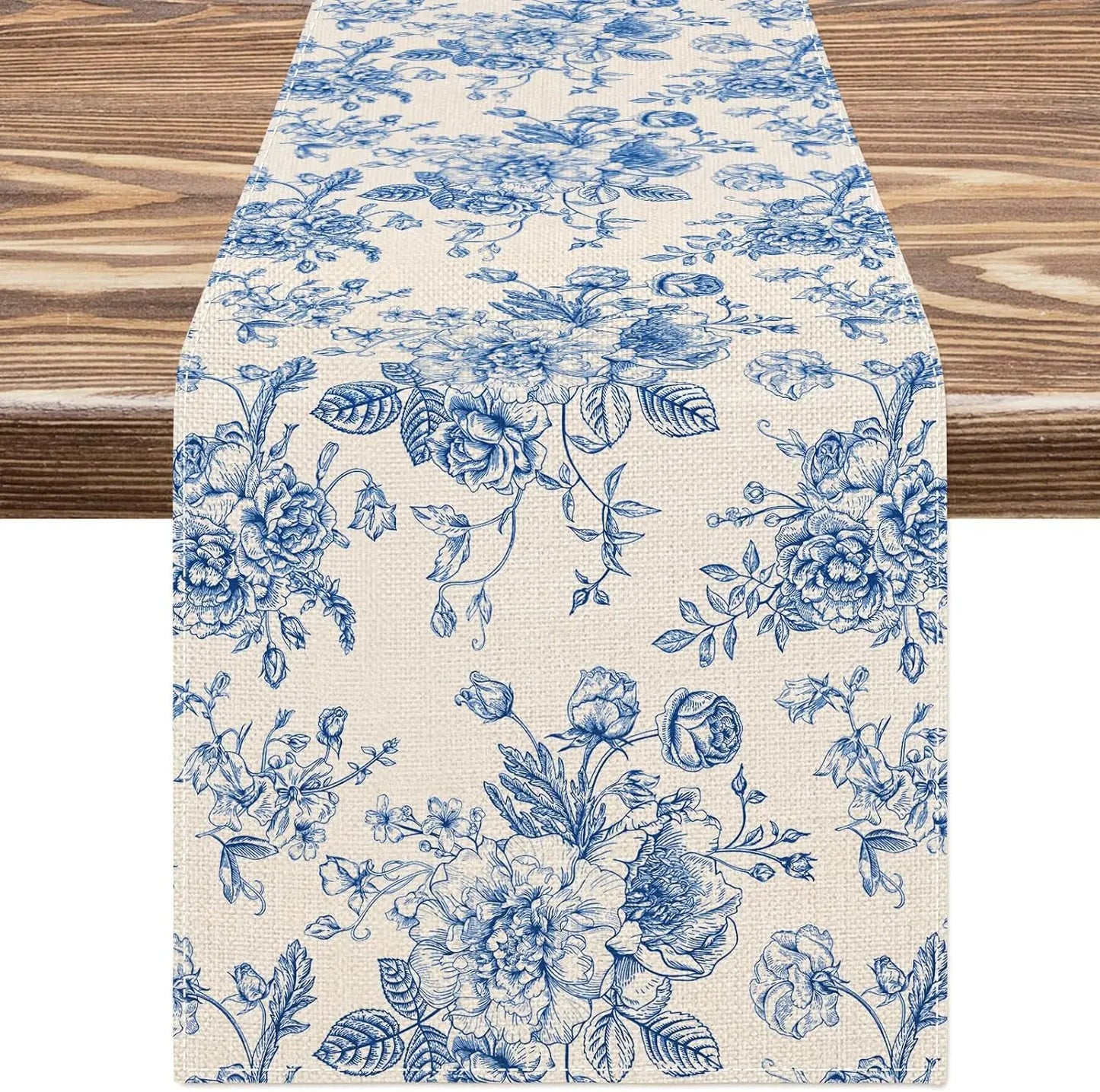 Chinoiserie Blue Flower Table Runner — Reusable Printed Linen-Look Runner for Dining & Holiday Decor