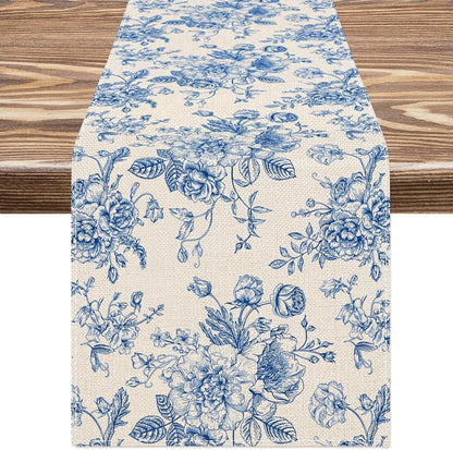 Chinoiserie Blue Flower Table Runner — Reusable Printed Linen-Look Runner for Dining & Holiday Decor