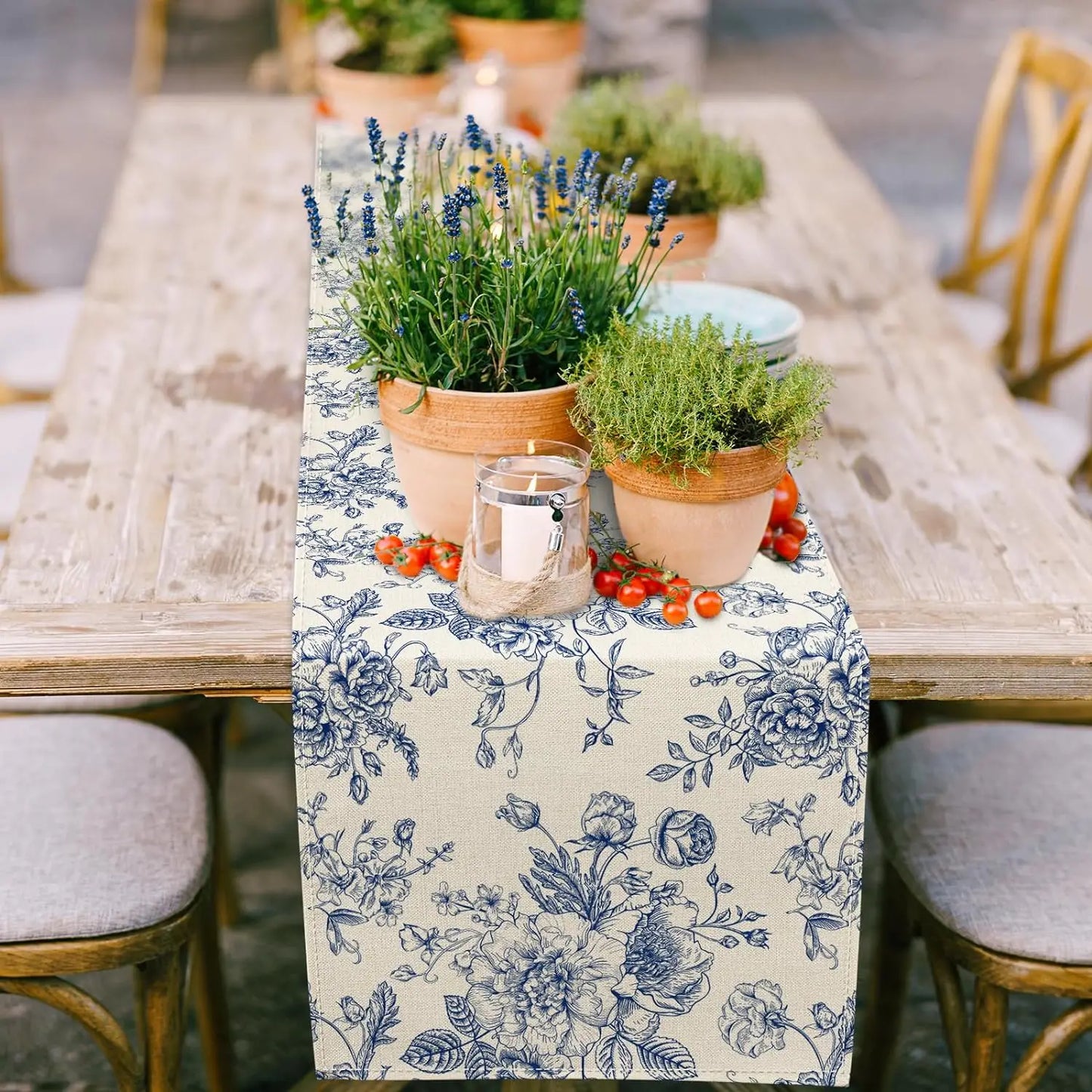 Chinoiserie Blue Flower Table Runner — Reusable Printed Linen-Look Runner for Dining & Holiday Decor