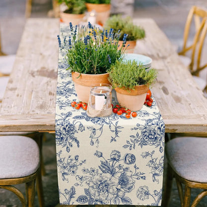 Chinoiserie Blue Flower Table Runner — Reusable Printed Linen-Look Runner for Dining & Holiday Decor