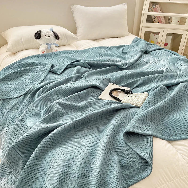 100% Cotton Waffle Knit Throw Blanket — Soft Breathable Sofa & Bed Throw