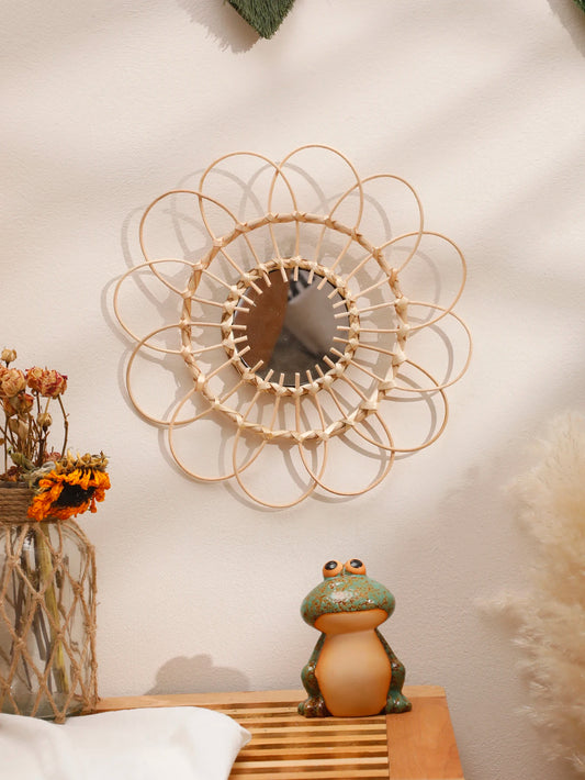 Hand-Woven Rattan Wall Mirror — Boho Round Decorative Mirror for Bedroom & Living Room