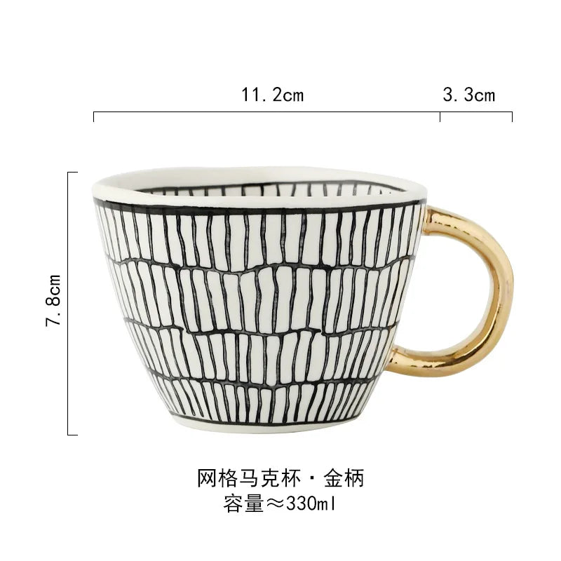 Hand-Painted Geometric Ceramic Mug with Gold Handle — Handmade Irregular Cup for Coffee & Tea