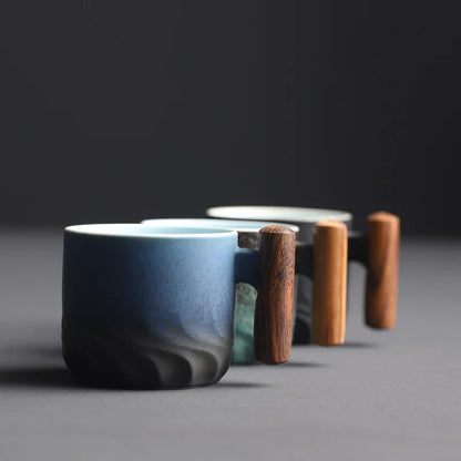 Handmade Kiln-Glazed Ceramic Espresso Mug with Wooden Handle — Retro Italian Style Coffee Cup