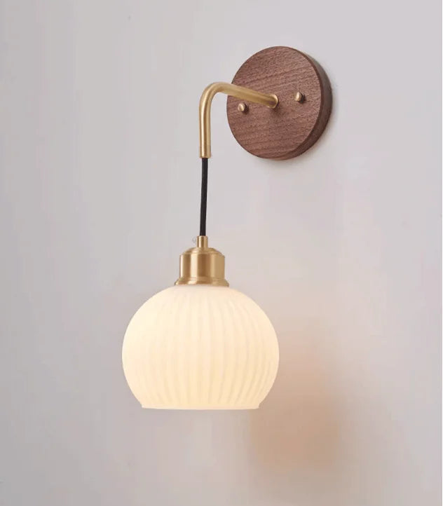 Japanese Retro Copper Wall Lamp — Walnut Wood & Frosted Glass Sconce for Bedroom & Hallway