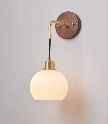 Japanese Retro Copper Wall Lamp — Walnut Wood & Frosted Glass Sconce for Bedroom & Hallway