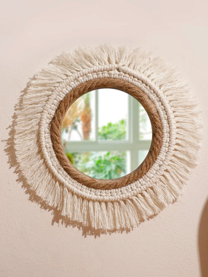Bohemian Woven Round Wall Mirror — Handmade Boho Decorative Mirror in 3 Sizes