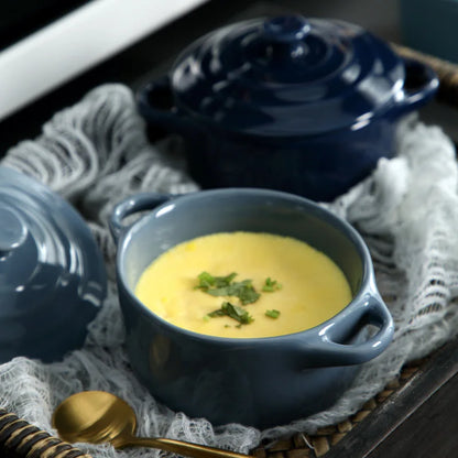 Ceramic Double Ear Bowl with Lid — Glazed Baking Bowl for Steamed Eggs, Soup & Pudding