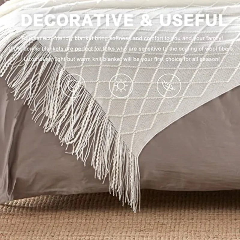 Diamond Knit Throw Blanket with Tassels | Boho Woven Acrylic Blanket