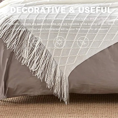 Diamond Knit Throw Blanket with Tassels | Boho Woven Acrylic Blanket