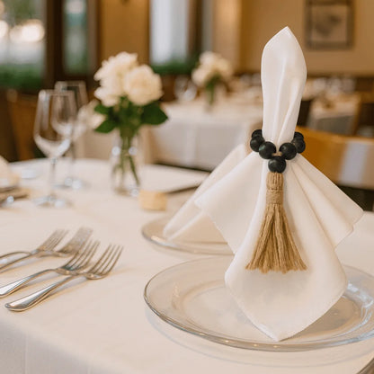Farmhouse Wooden Bead Napkin Rings — Set of 6 with Tassel String | Handmade Table Decor