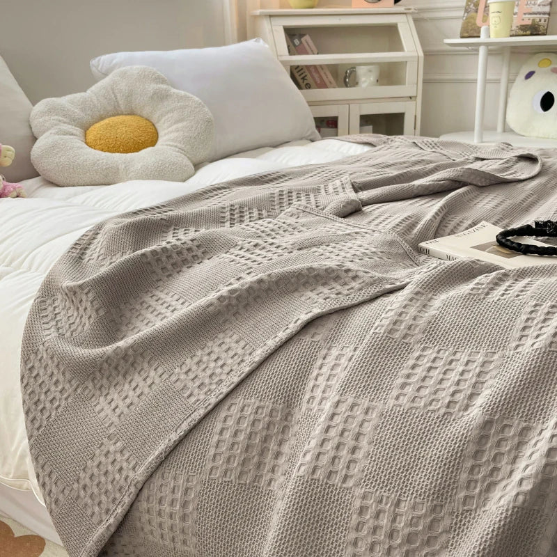100% Cotton Waffle Knit Throw Blanket — Soft Breathable Sofa & Bed Throw