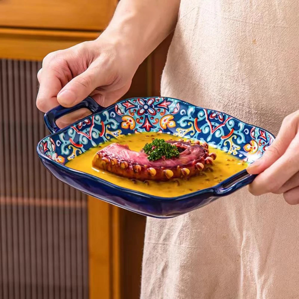 Bohemian Double Ear Ceramic Salad Plate — 9-Inch Square Pasta Dish, Oven & Microwave Safe in 8 Colors