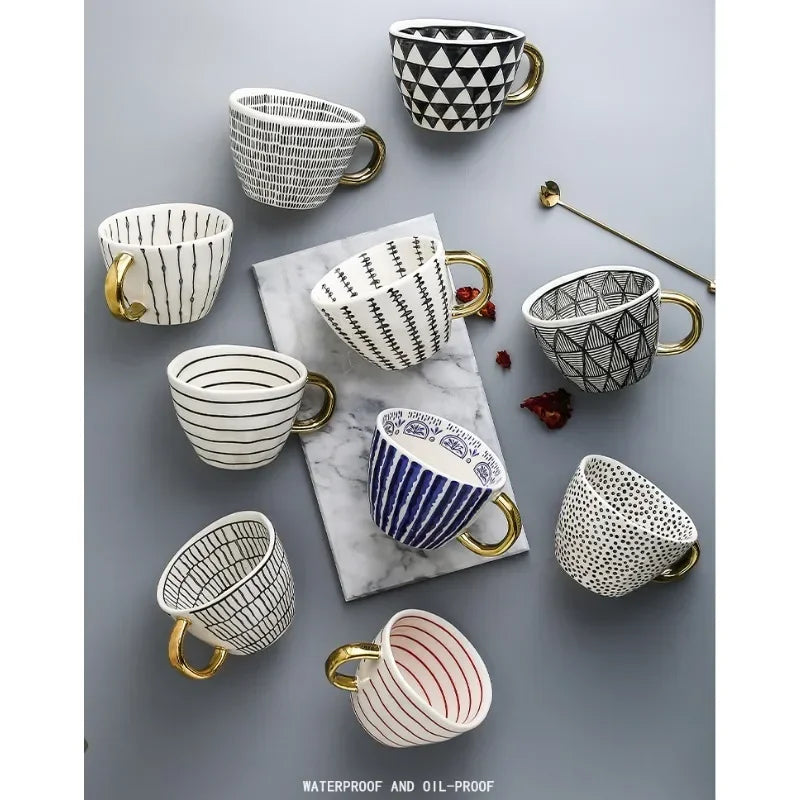 Hand-Painted Geometric Ceramic Mug with Gold Handle — Handmade Irregular Cup for Coffee & Tea