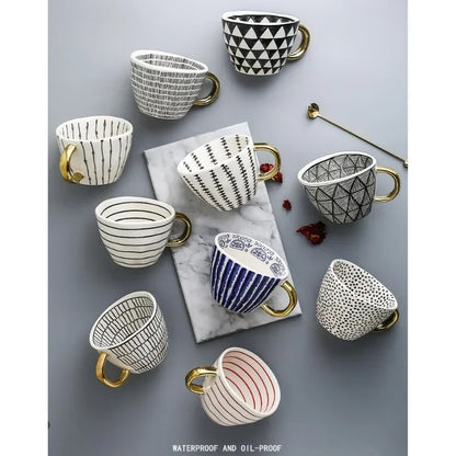 Hand-Painted Geometric Ceramic Mug with Gold Handle — Handmade Irregular Cup for Coffee & Tea