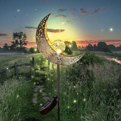 Solar Moon Fairy Garden Stake Light — Crackle Glass Warm White LED Outdoor Decor