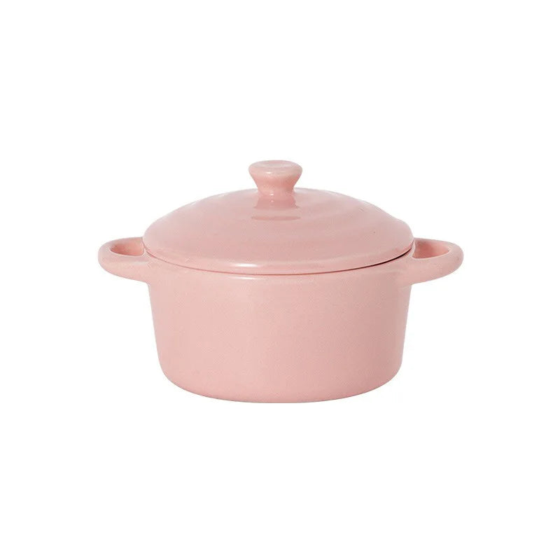 Ceramic Double Ear Bowl with Lid — Glazed Baking Bowl for Steamed Eggs, Soup & Pudding
