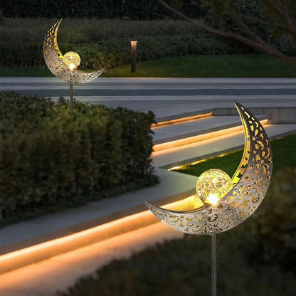 Solar Moon Fairy Garden Stake Light — Crackle Glass Warm White LED Outdoor Decor