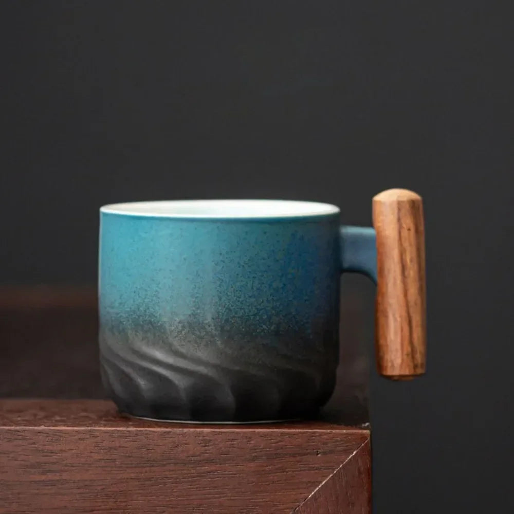 Handmade Kiln-Glazed Ceramic Espresso Mug with Wooden Handle — Retro Italian Style Coffee Cup