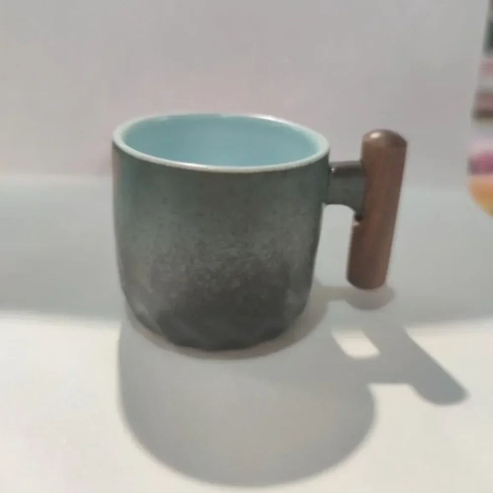 Handmade Kiln-Glazed Ceramic Espresso Mug with Wooden Handle — Retro Italian Style Coffee Cup