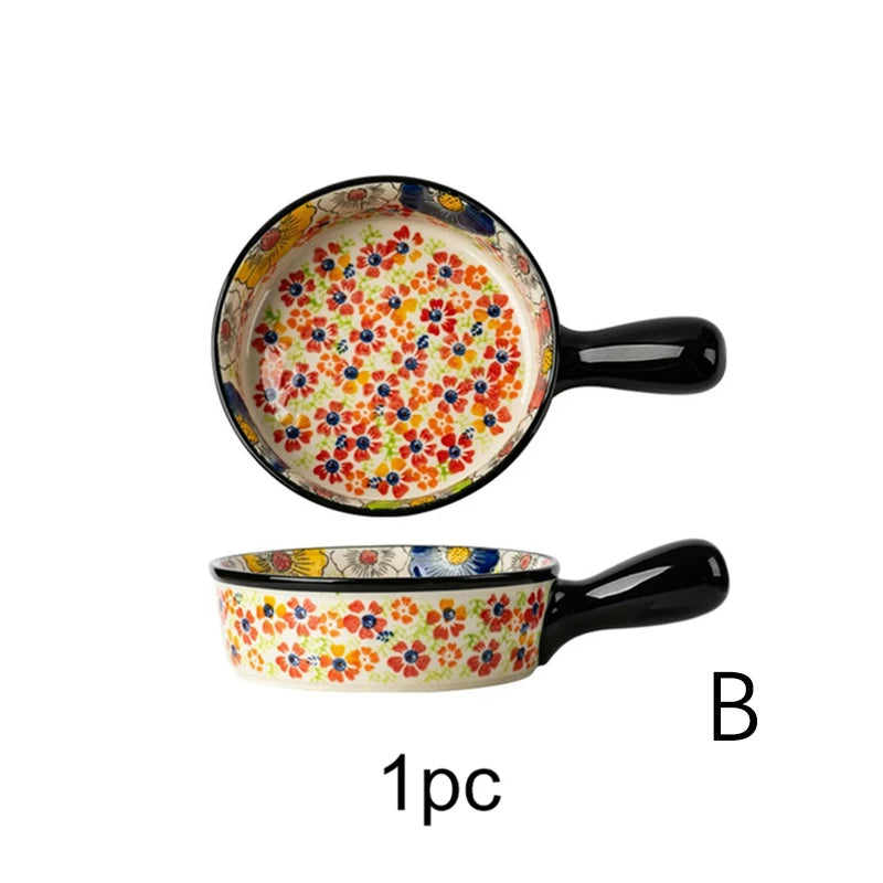 Hand-Painted Floral Porcelain Baking Dish Set — Oven Safe Au Gratin Dish with Handles in 3 Designs