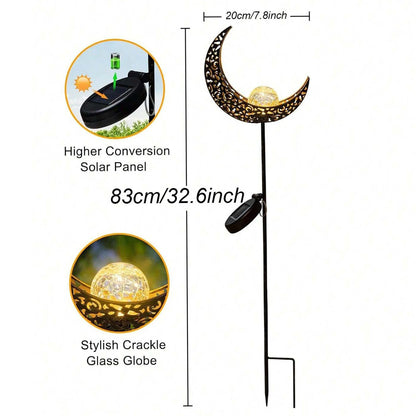 Solar Moon Fairy Garden Stake Light — Crackle Glass Warm White LED Outdoor Decor