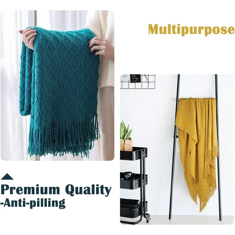 Diamond Knit Throw Blanket with Tassels | Boho Woven Acrylic Blanket