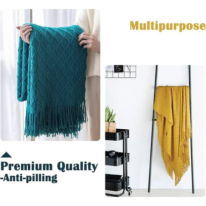 Diamond Knit Throw Blanket with Tassels | Boho Woven Acrylic Blanket