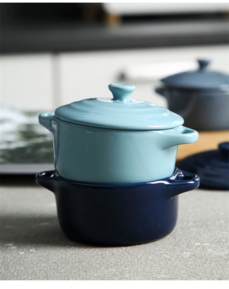 Ceramic Double Ear Bowl with Lid — Glazed Baking Bowl for Steamed Eggs, Soup & Pudding