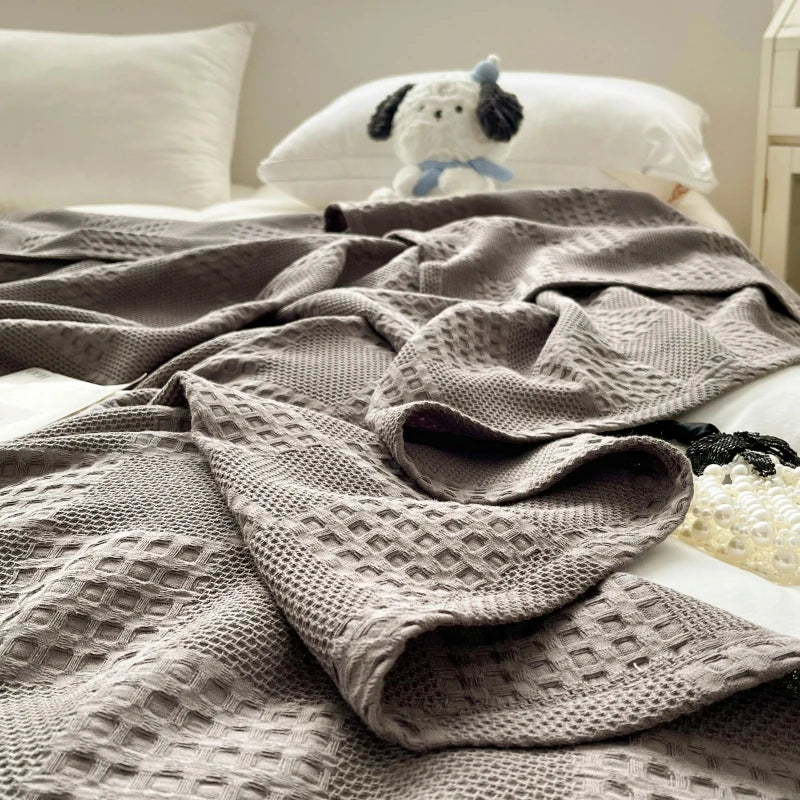 100% Cotton Waffle Knit Throw Blanket — Soft Breathable Sofa & Bed Throw