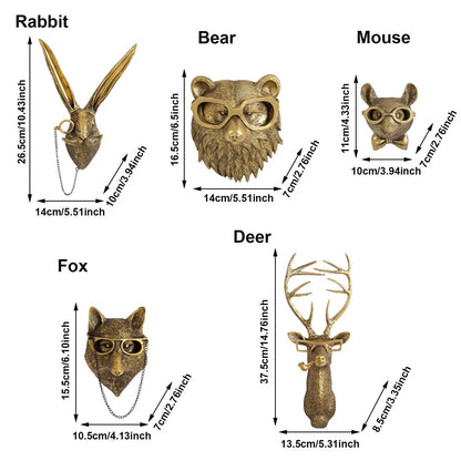 Resin Animal Head Wall Sculpture Set — Whimsical Golden Wall Hanging Decor for Living Room & Bedroom