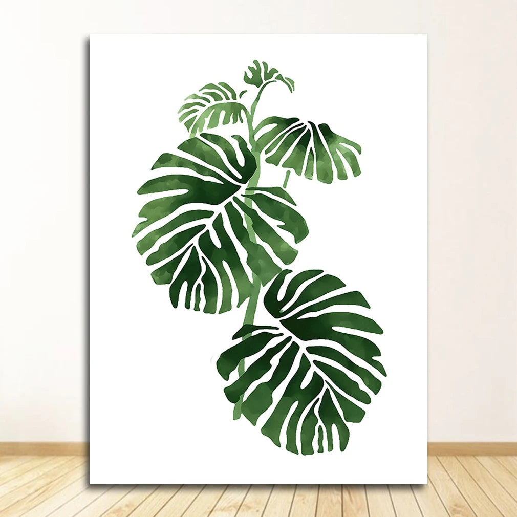 Scandinavian Tropical Leaves Canvas Poster — Unframed Green Botanical Wall Art in 11 Sizes