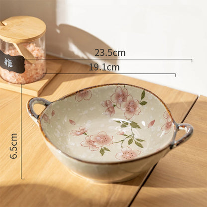 Japanese Ceramic Bowl with Handle — 7.5" Floral Soup, Noodle & Salad Bowl