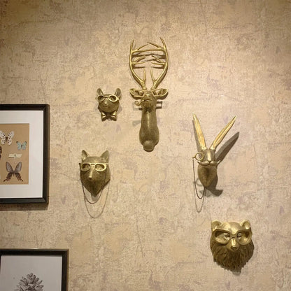 Resin Animal Head Wall Sculpture Set — Whimsical Golden Wall Hanging Decor for Living Room & Bedroom