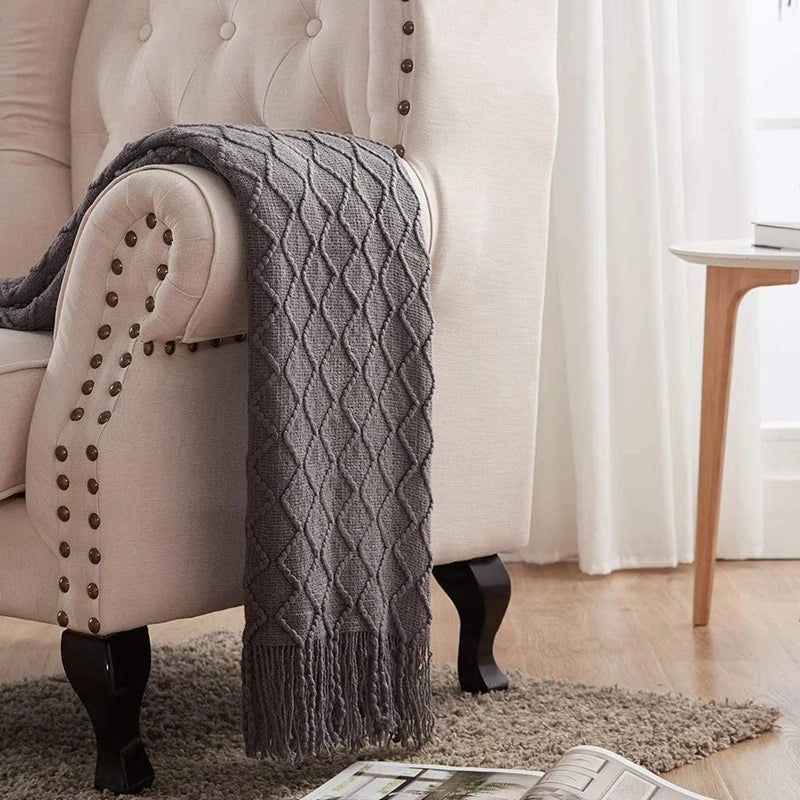 Diamond Knit Throw Blanket with Tassels | Boho Woven Acrylic Blanket
